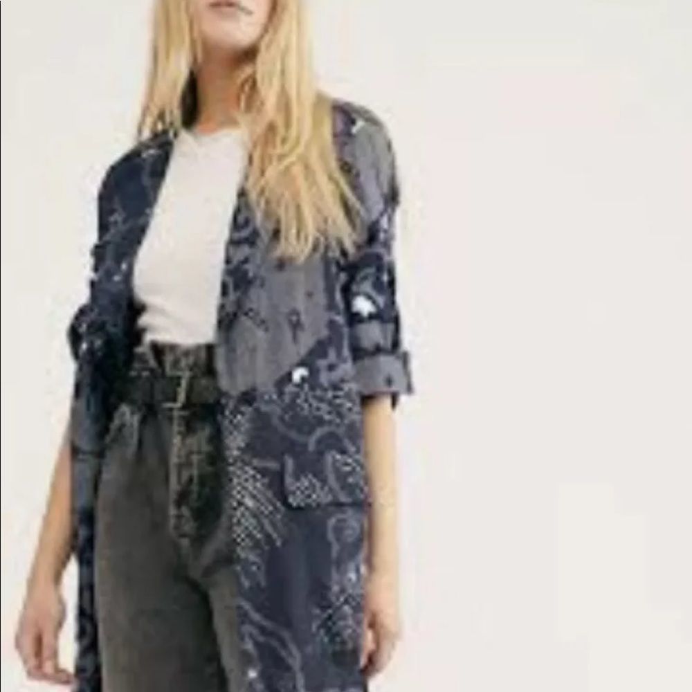 Free People Eye Of The Wild Jacket Longline Silky Print Detail Blue Silver